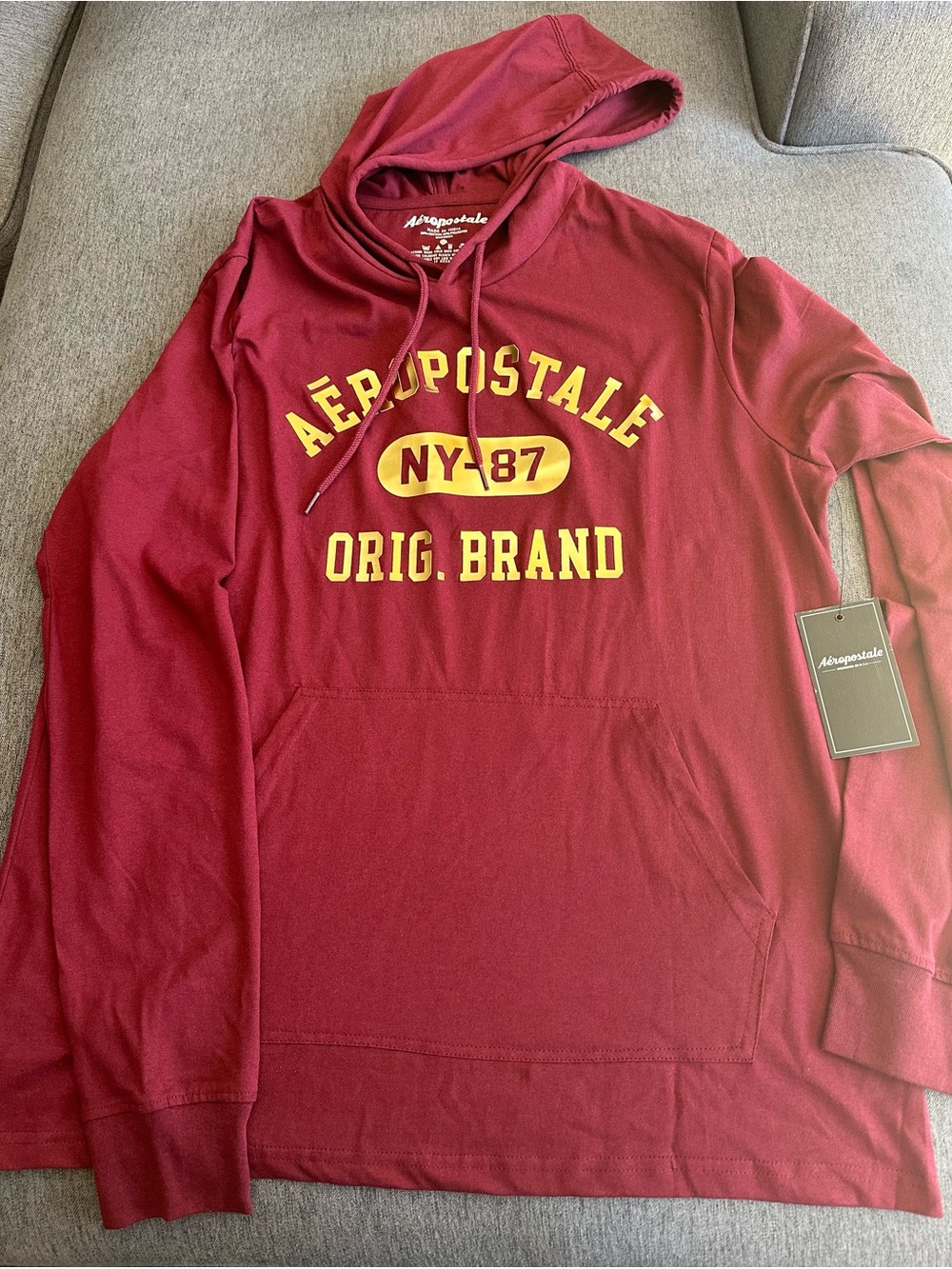 Aeropostale Men’s Burgundy Lightweight Hoodie with Yellow NY-87 Logo